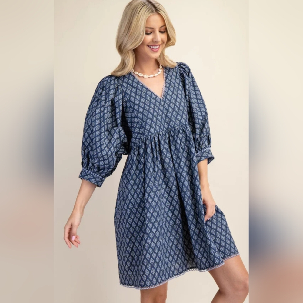 GiGio Blue Medallion Puff Sleeve Babydoll Mini Dress Lace Trim Size Small EUC